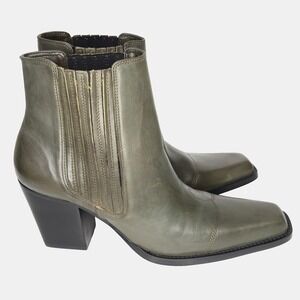 Details Chelsea Boots Womens 9.5 Green Leather Square Toe Block Heel Western New
